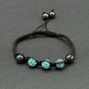 Shamballa Macrame Bracelet Turquoise Blue Crystal Disco Ball Hematite Black Rope